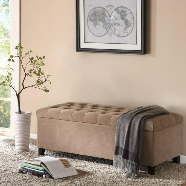 Shandra Bench Storage Ottoman with Tufted Top - Sand: Upholstered Bedroom Ottoman, Wood Legs, No Assembly Required