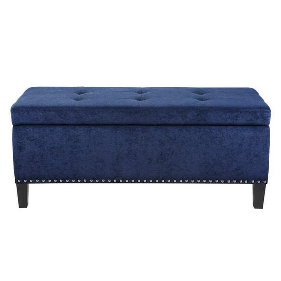 18" Shandra Bench Storage Ottoman with Tufted Top Blue - Home: Faux Leather, Rectangular, Wood Legs, Polyester Upholstered