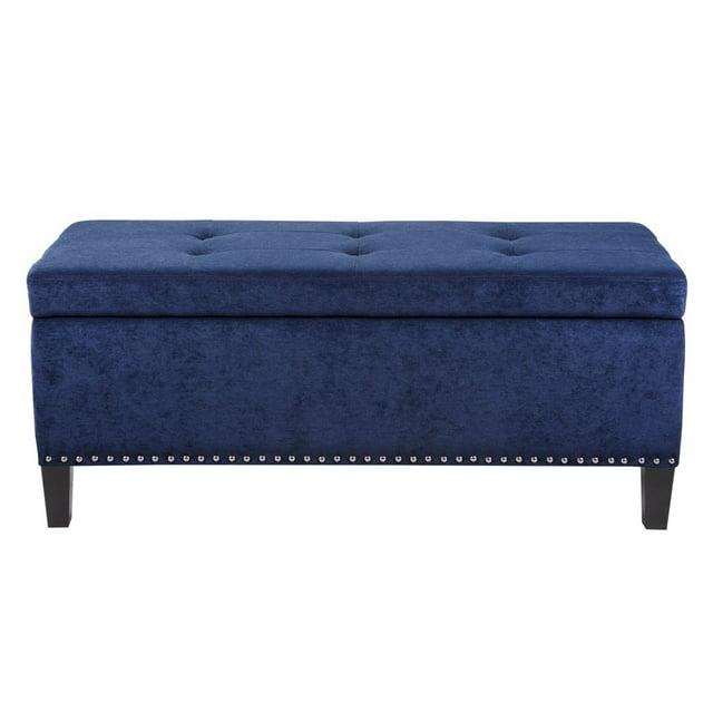 18" Shandra Bench Storage Ottoman with Tufted Top Blue - Home: Faux Leather, Rectangular, Wood Legs, Polyester Upholstered