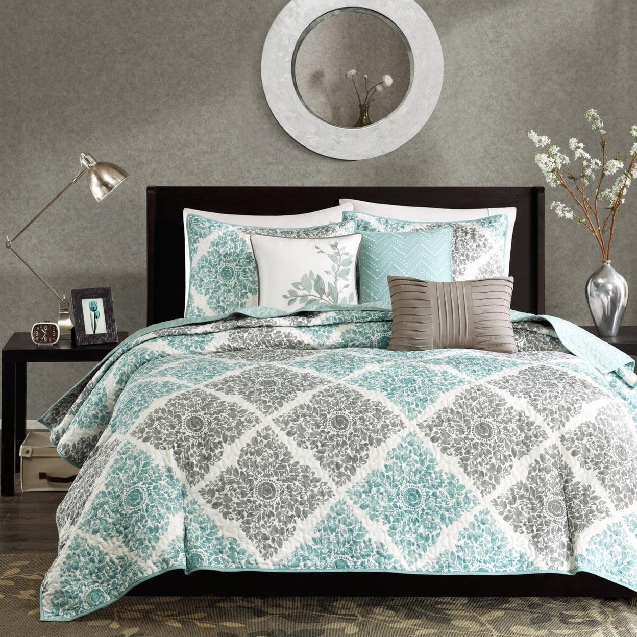 Aqua and Gray Reversible Microfiber Full Quilt Set with Shams