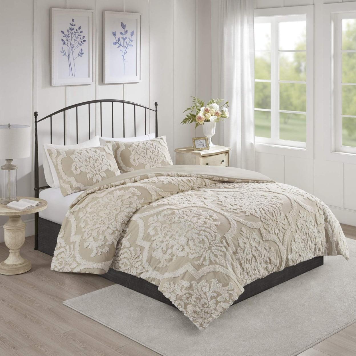 Viola Tufted Cotton Chenille Damask 3 Piece Comforter Set