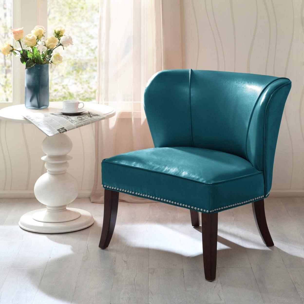 Hilton Concave Back Armless Chair - Peacock Blue: Faux Leather Upholstery, Contemporary Style, Wood Legs