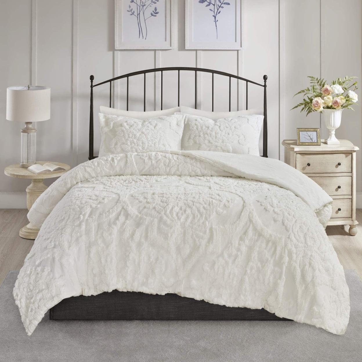 Viola White King Cotton Chenille Damask Comforter Set