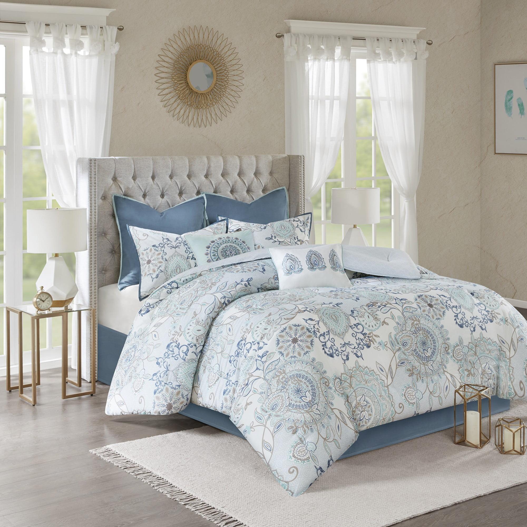 King Isla 8-Piece Cotton Floral Medallion Reversible Comforter Set, Blue