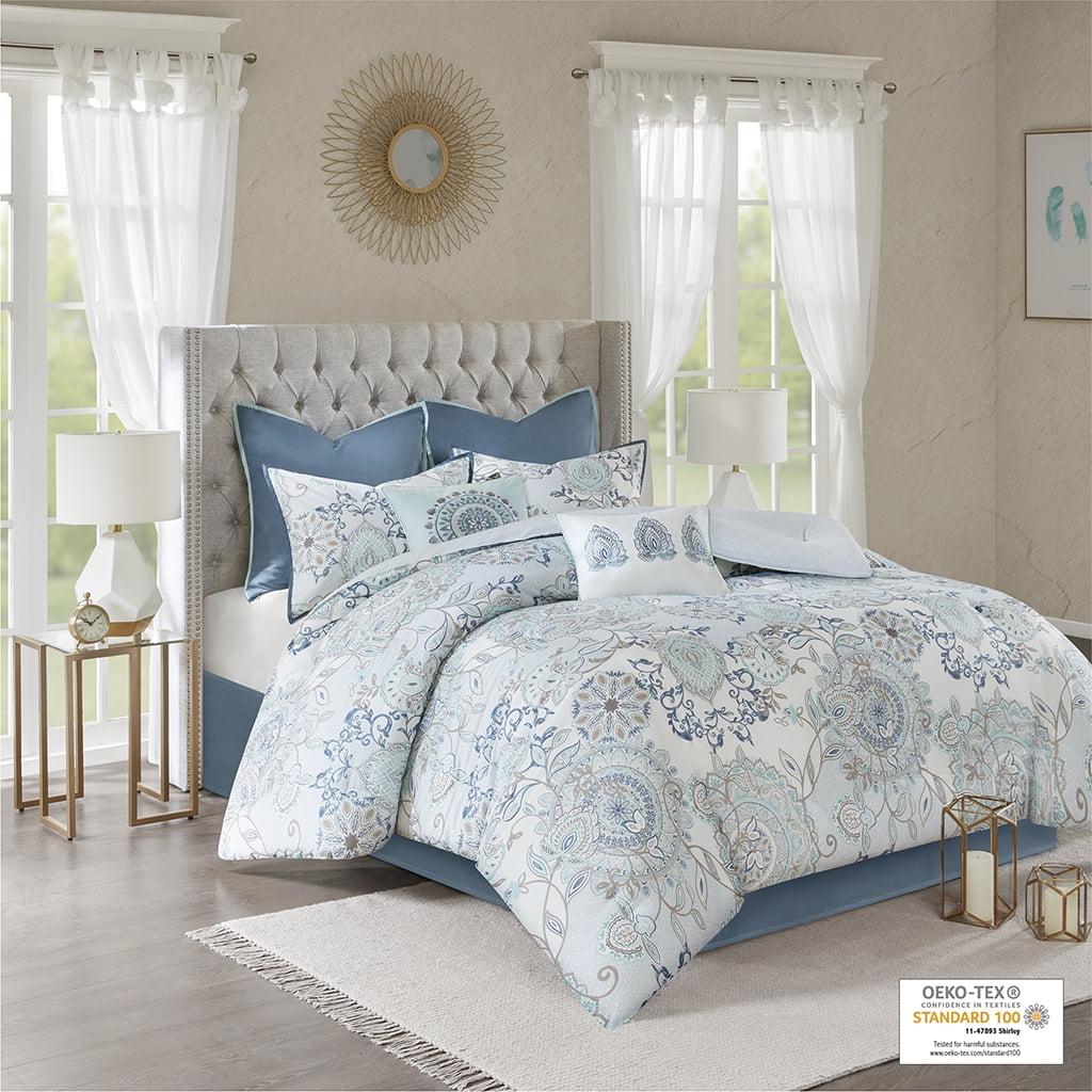 Madison Park 8pc King Lian Cotton Printed Reversible Comforter Set Blue: Percale Weave, OEKO-TEX Certified