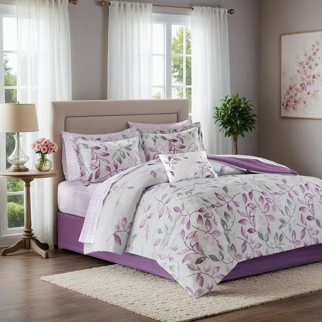 Madison Park Essentials Lafael Purple/White Microfiber Reversible Traditional Comforter Set with Cotton Bed Sheets