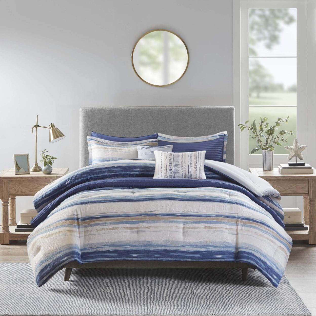 Full Blue Microfiber Reversible Comforter and Coverlet Set