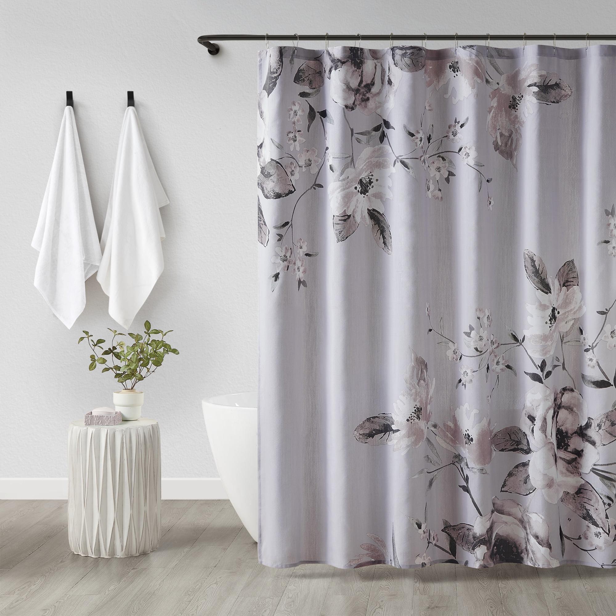 Lilac Floral Cotton Shower Curtain with Liner