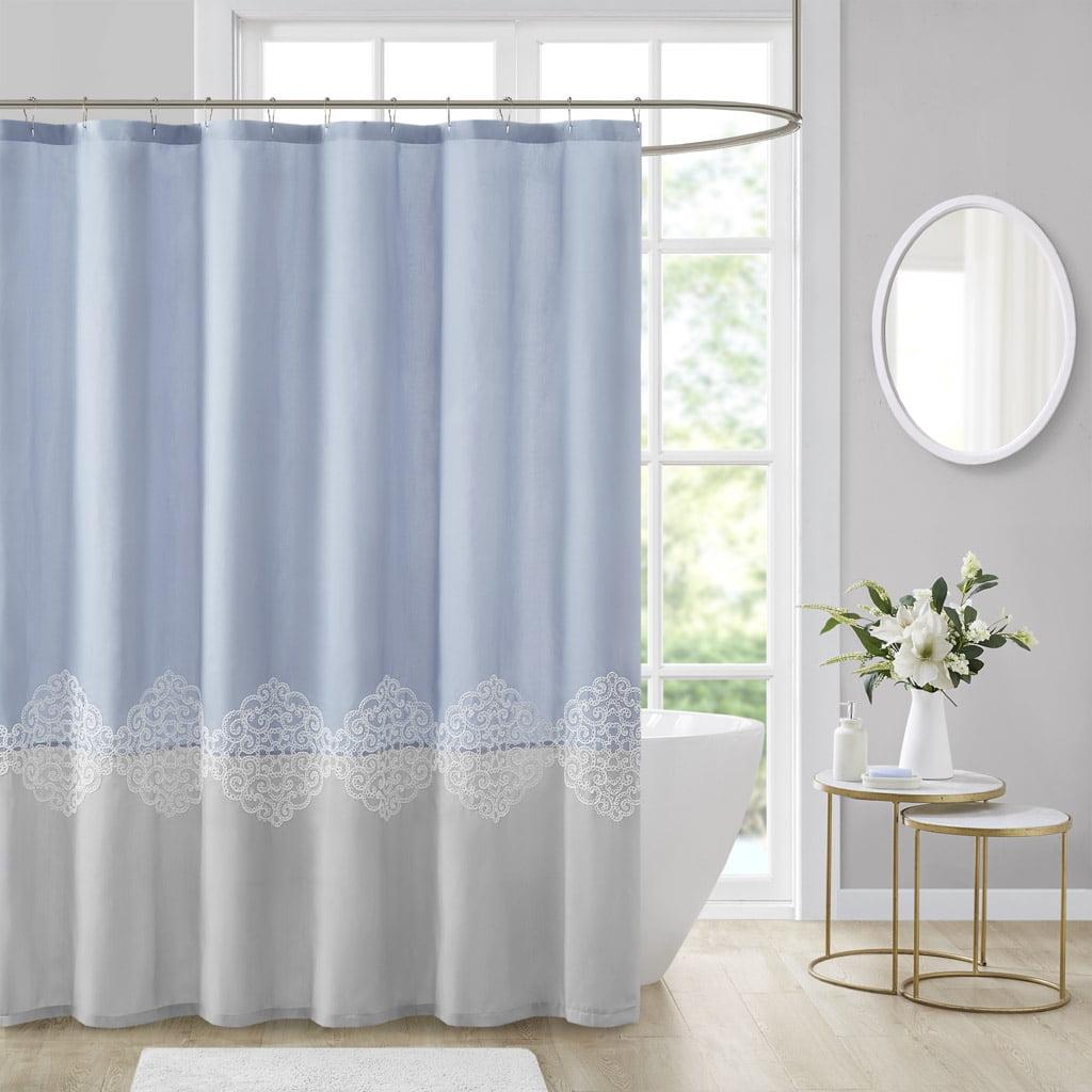 Light Blue and Gray Embroidered Shower Curtain