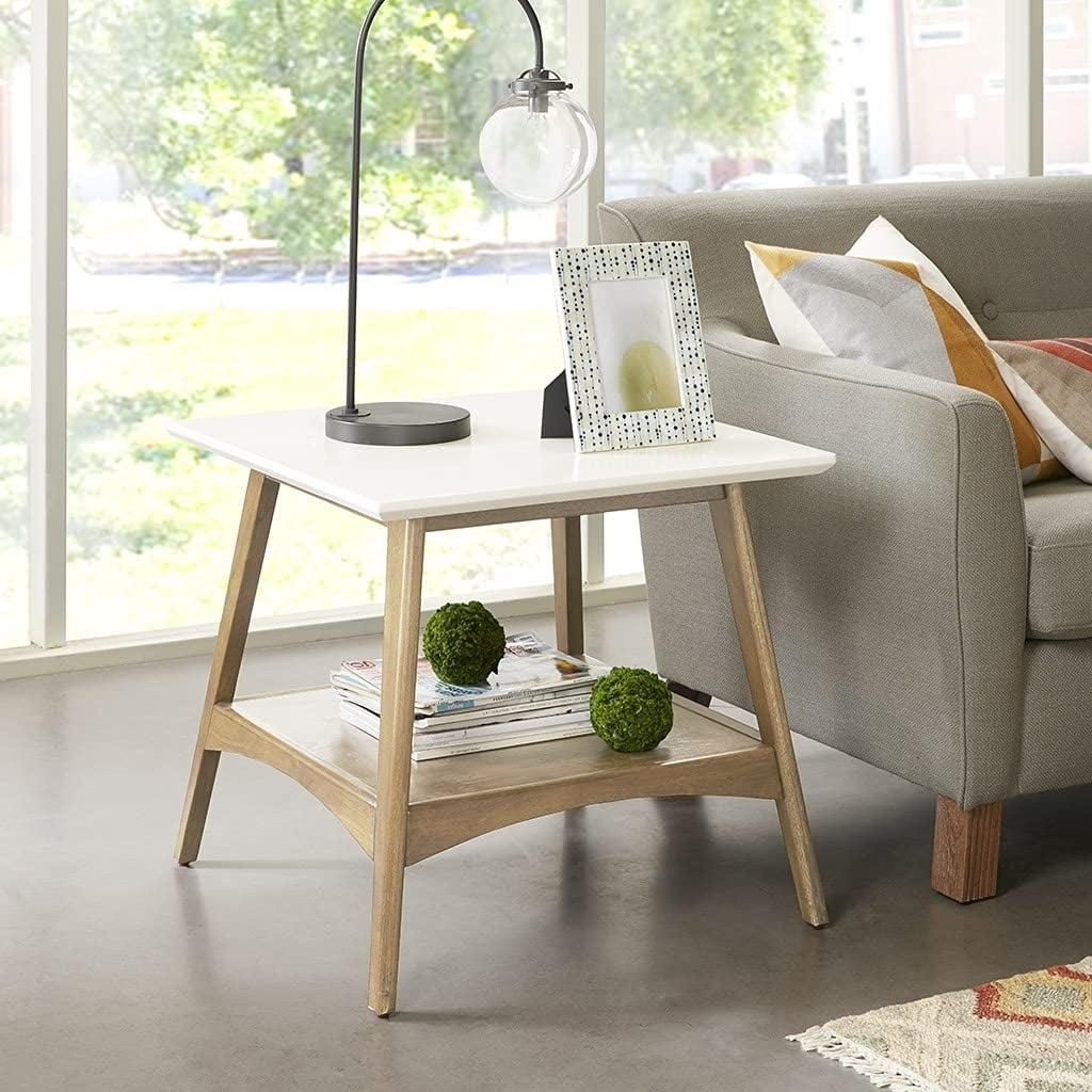 Parker Mid-Century Modern Off-White and Natural Wood End Table