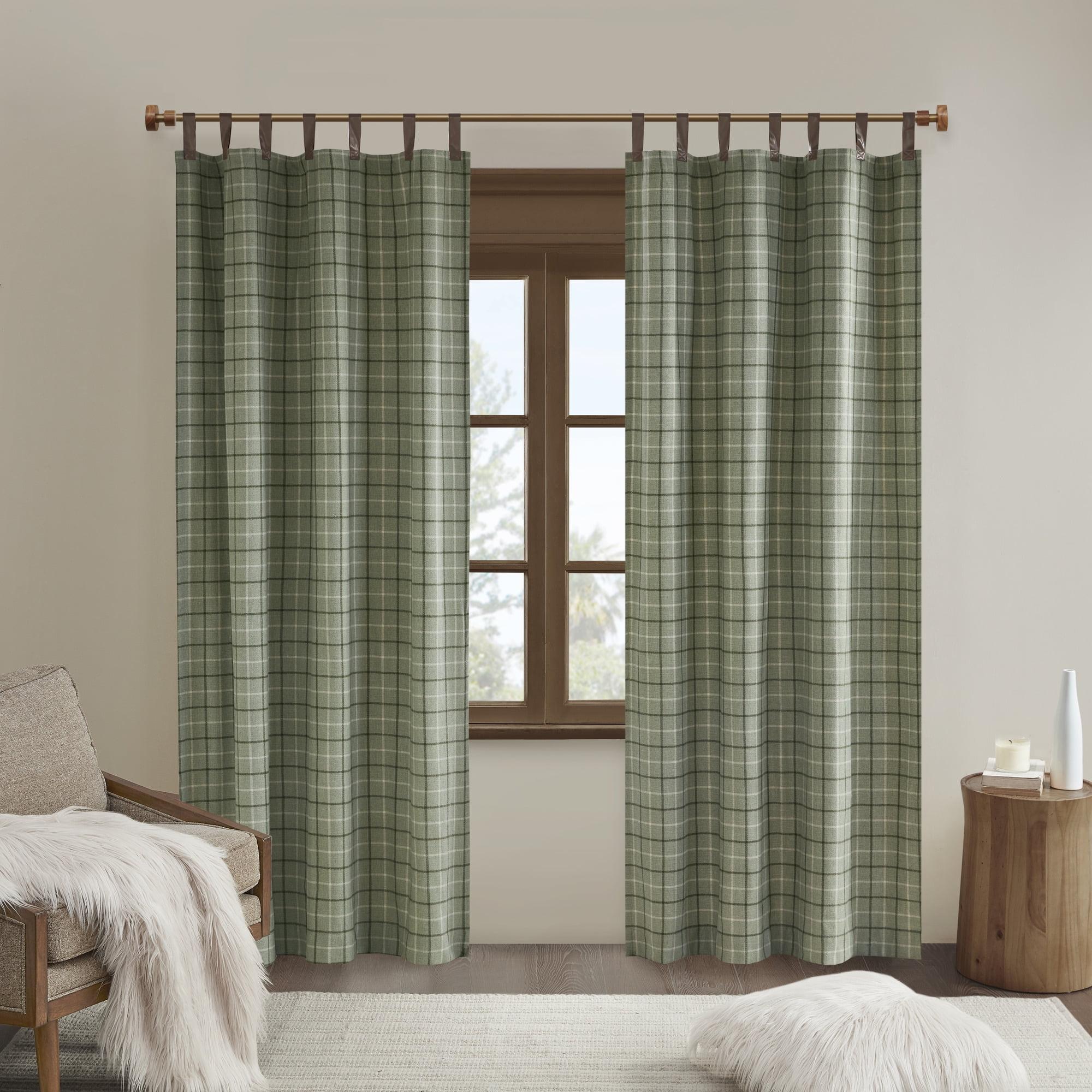 Green Plaid Polyester Tab Top Light-Filtering Drapes