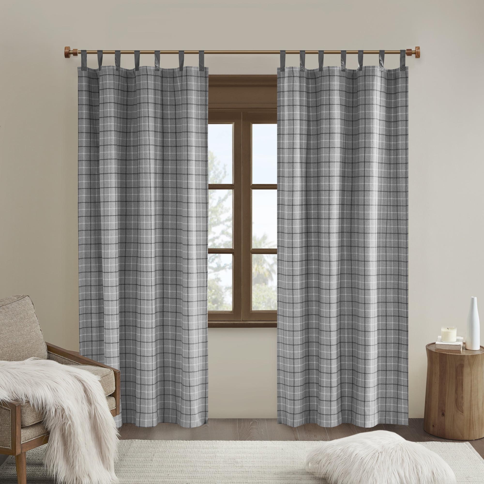 Gray Plaid Faux Leather Tab Top Insulated Drapes