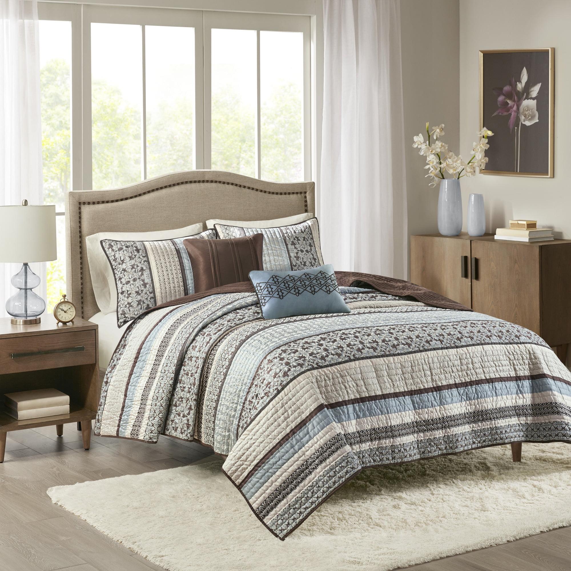 Blue and Brown Reversible Cotton Jacquard Quilt Set, Full