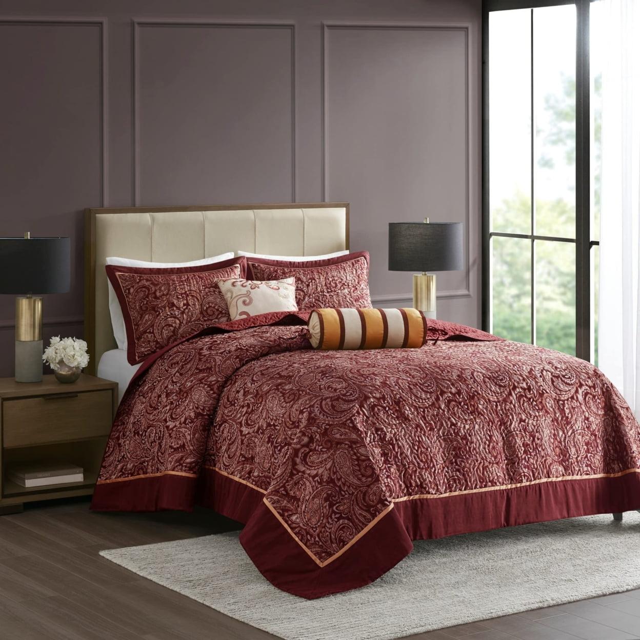 Burgundy Reversible Queen Microfiber Jacquard Bedspread Set