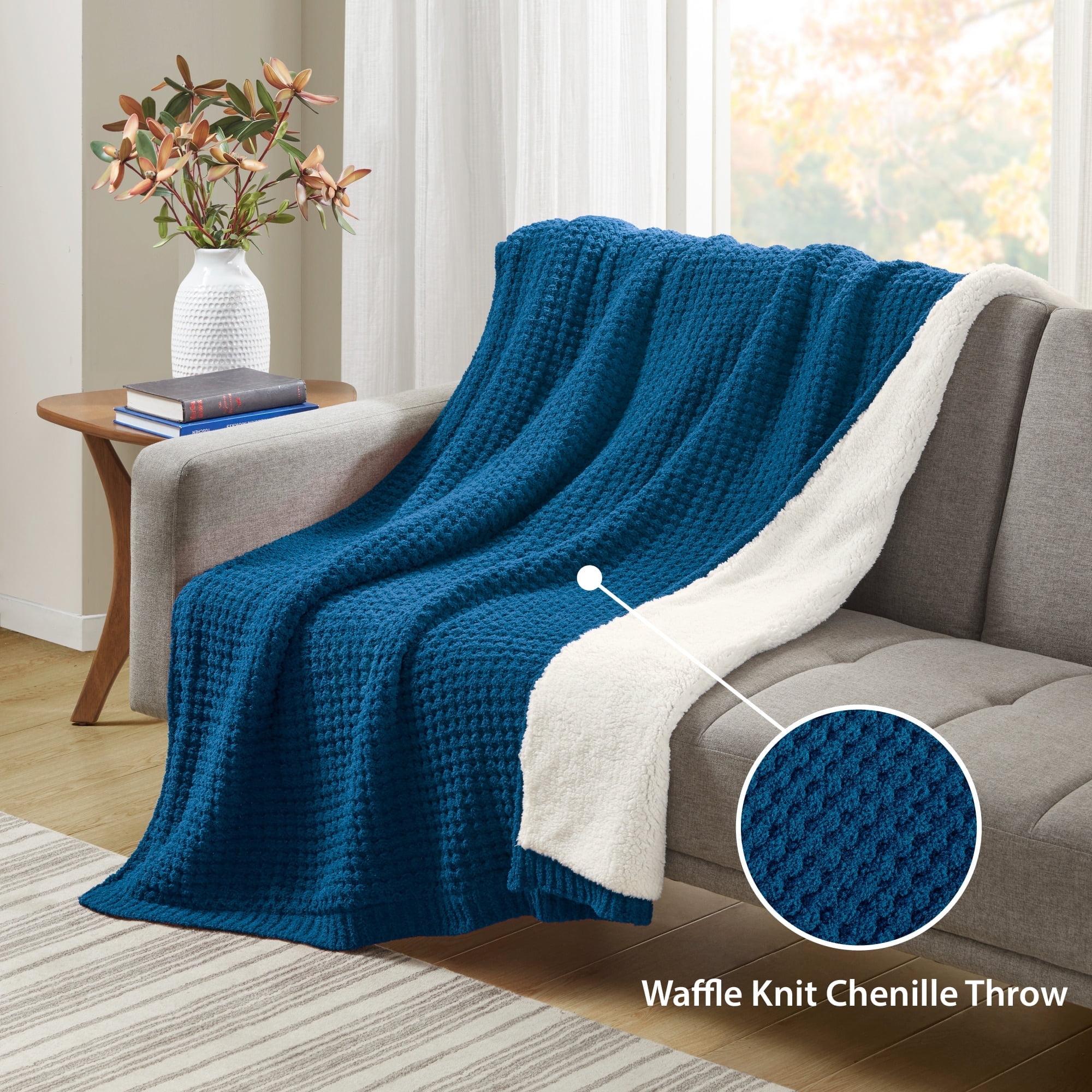 50"x60" Eden Waffle Knit Chenille Throw Blanket Navy Blue - Madison Park