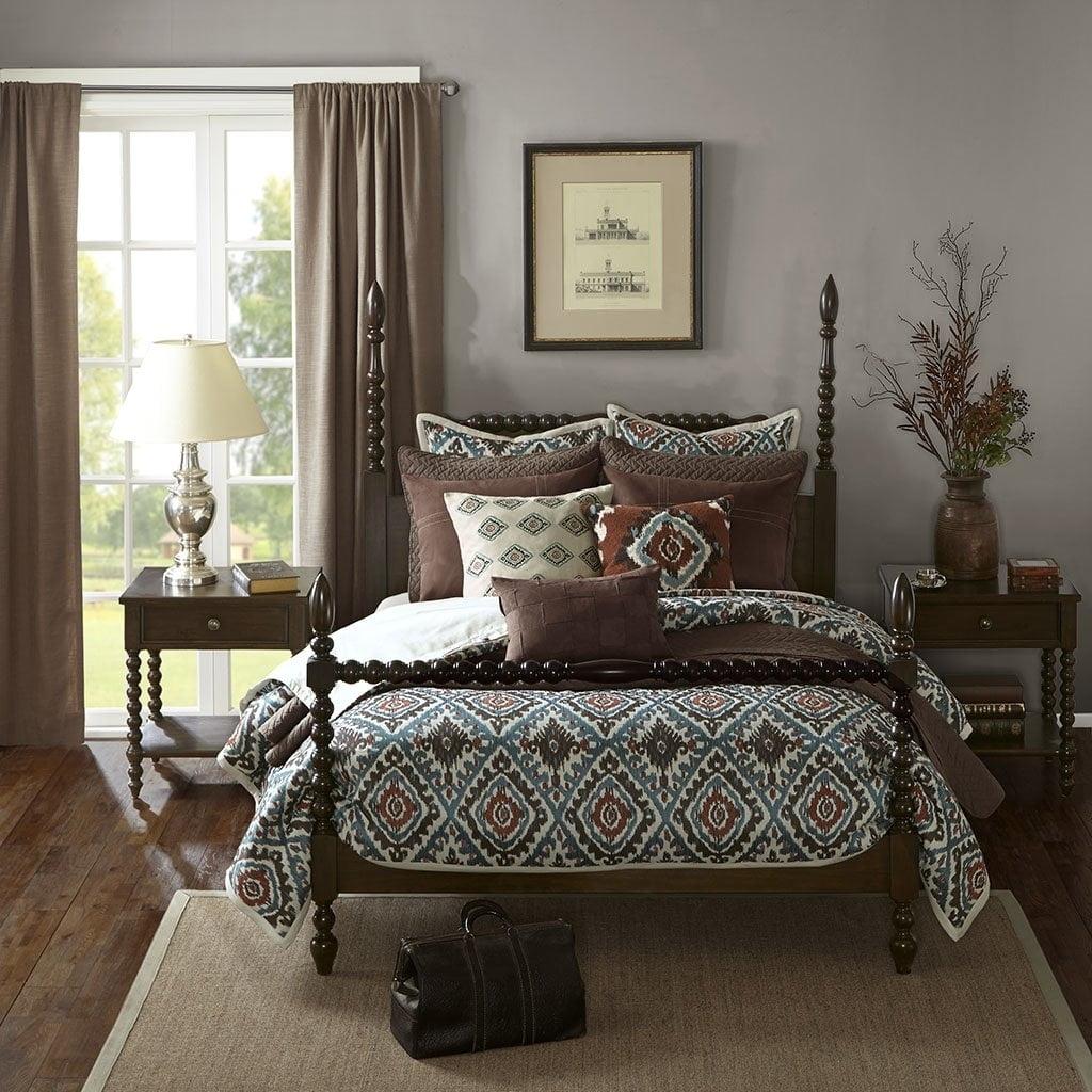 Beckett Deep Brown Acacia Queen Poster Bed with Rolling Pin Headboard