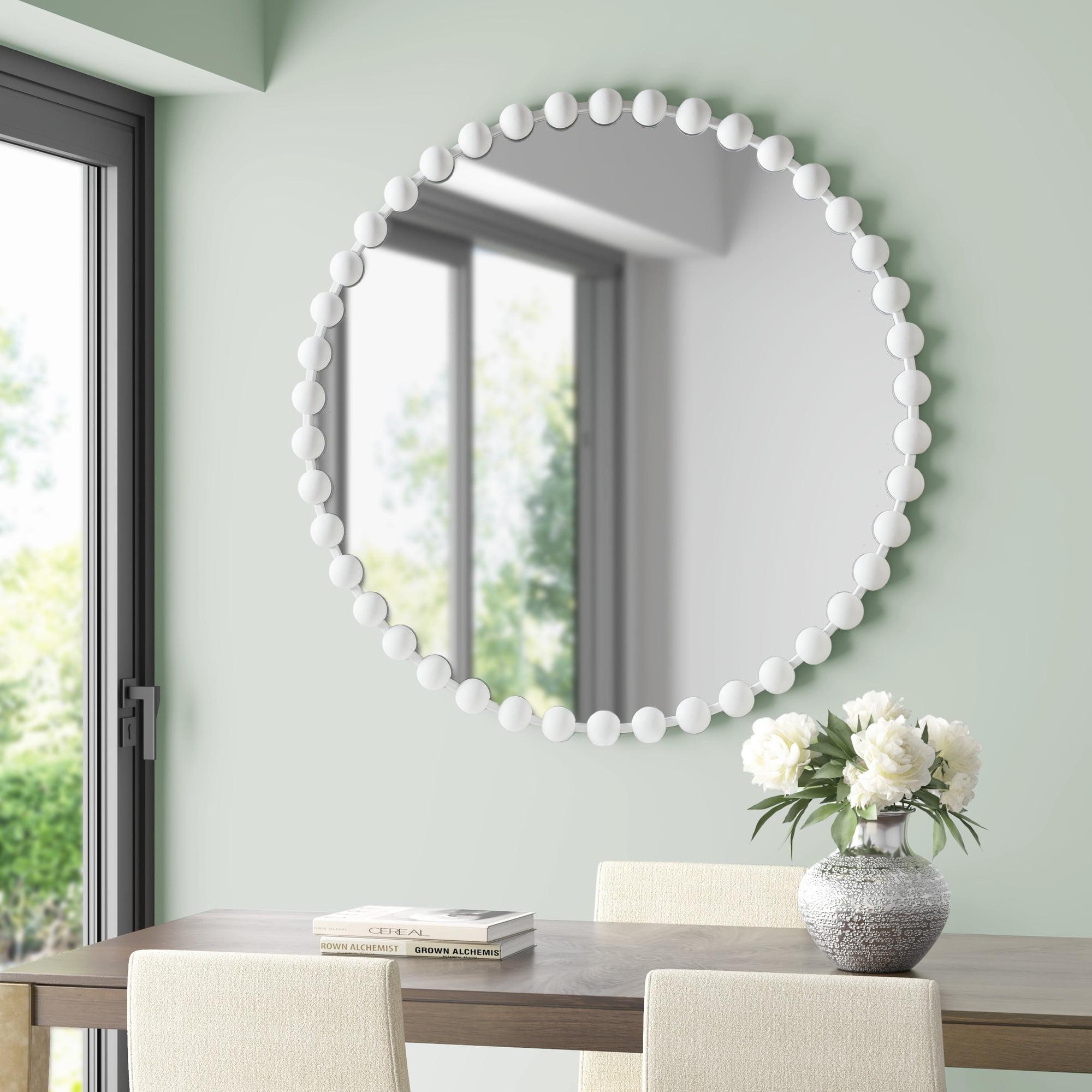 Elegant Marlowe 36" Round White Beaded Wall Mirror