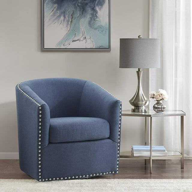 Madison Park Sheldon Swivel Chair Blue: Elegant Barrel Design, Nailhead Trim, 360° Rotation, No Assembly Required