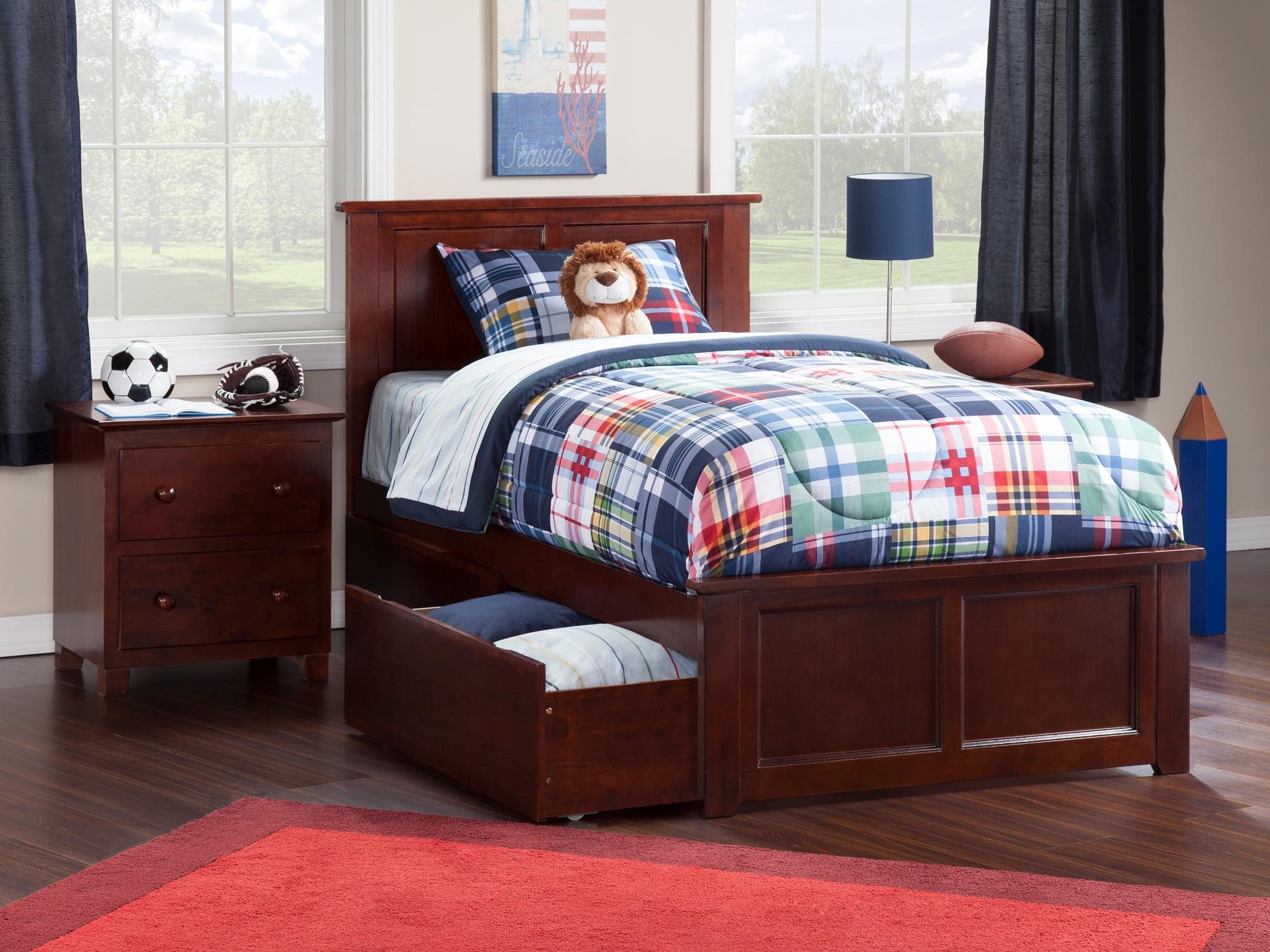 Walnut Twin XL Platform Bed with Storage Drawers and Headboard