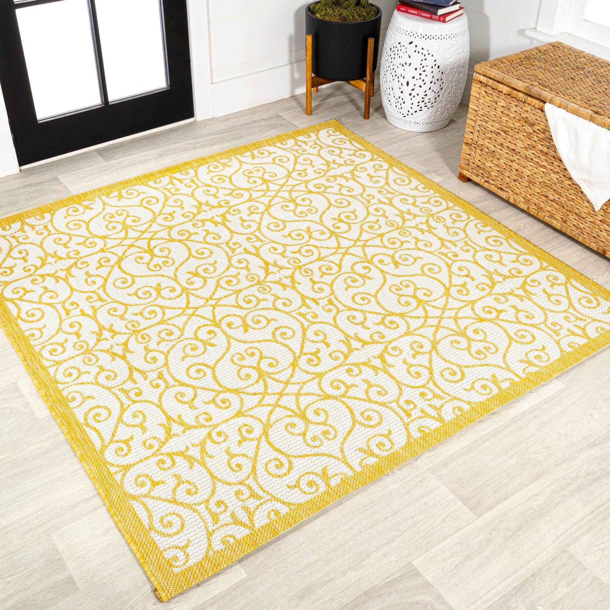 5' x 5' Madrid Vintage Filigree Textured Weave Indoor/Outdoor Area Rug, Cream/Yellow - JONATHAN Y