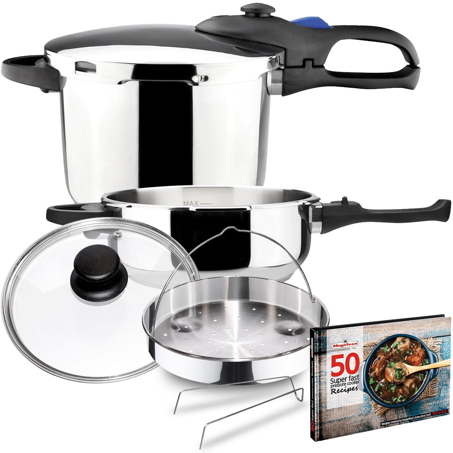 MAGEFESA Favorit Six Fast-Cooking Pressure Cooker Set, 3.2 Qt & 6.3 Qt, Stainless Steel, Induction Compatible, Heat Diffuser Base, 5 Safety Systems – Special Edition (Steam Basket, Lid & Recipe Book)