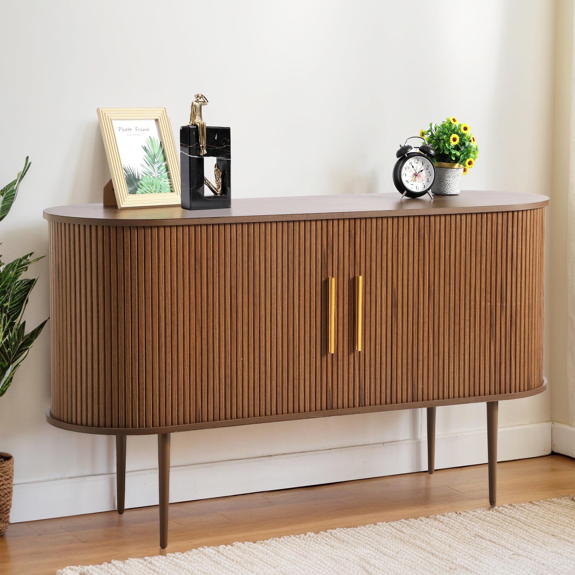 Brown Oak 55" Sideboard Buffet Cabinet with Fluted Sliding Doors