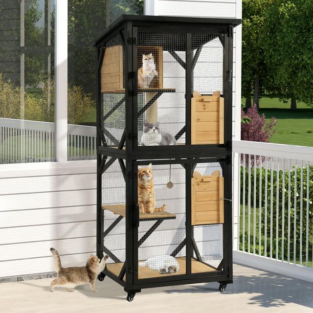 Tucker Murphy Pet™ Hallvard Outdoor Cat Enclosure with Scratcher - 4-Tier Large Indoor Wooden Window Catio Cat House W/Asphalt Waterproof Roof