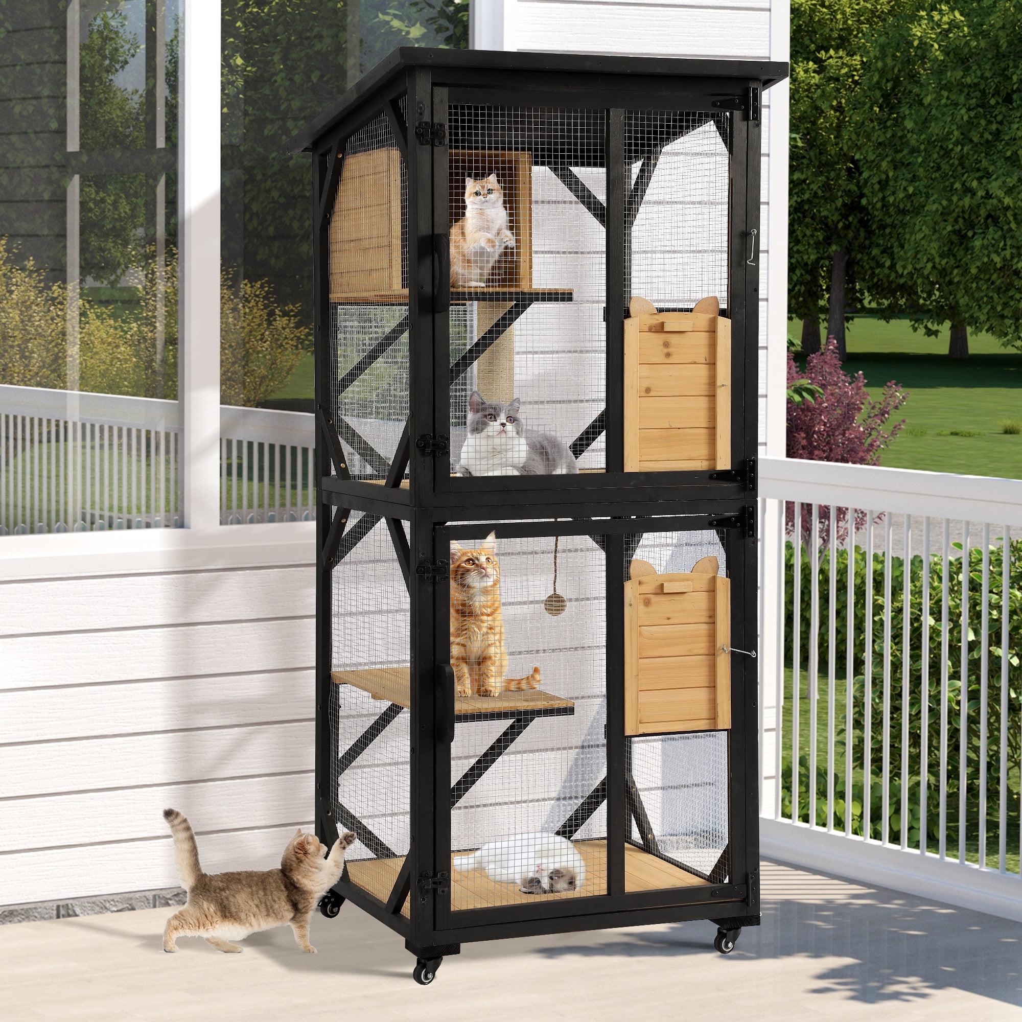 Tucker Murphy Pet™ Hallvard Outdoor Cat Enclosure with Scratcher - 4-Tier Large Indoor Wooden Window Catio Cat House W/Asphalt Waterproof Roof