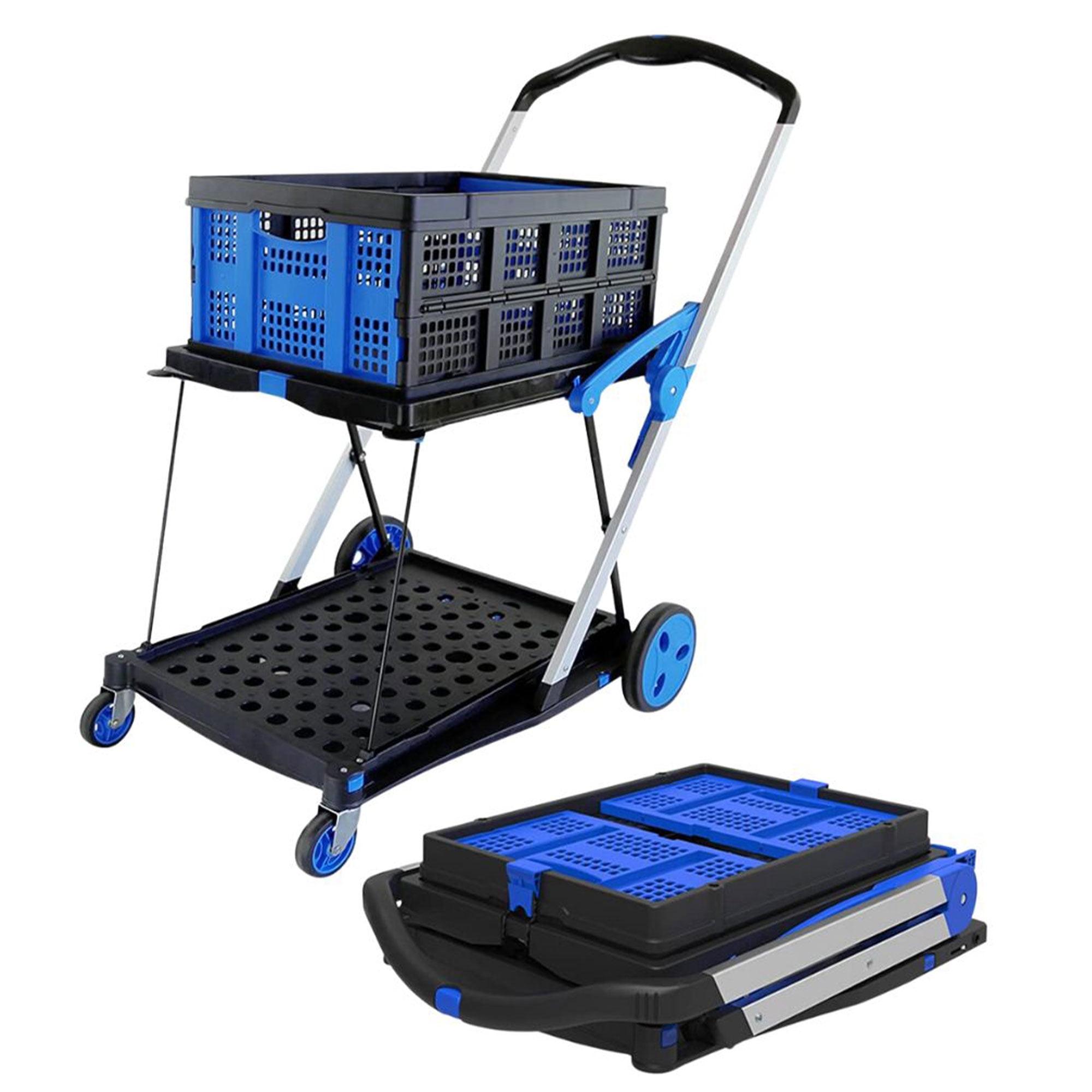 Magna Cart 2-Tier Folding Shopping Rolling Crate Cart, Grocery Cart with Collapsible Utility Tote Crate and Brake System