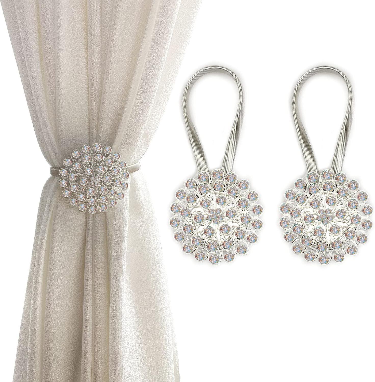 Magnetic Curtain Holdbacks Magnetic Tiebacks for Curtains, 2 Pack Sparkling Crystal Flower Curtain Tiebacks Curtain Buckle Clips with High-Elastic Spring Wire for Home Office