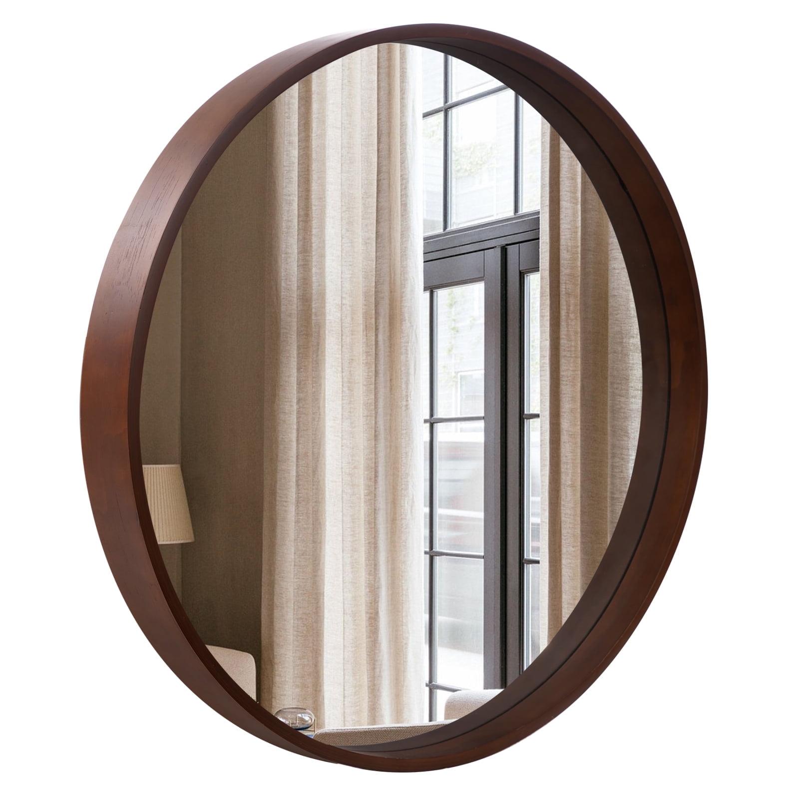 Magnifique Round Mirror for Bathroom with Wood Frame 28", Walnut