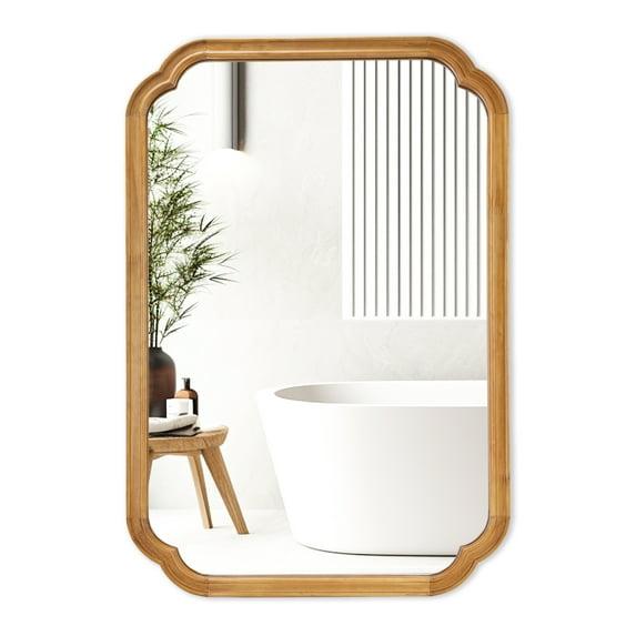 Magnifique Rounded Corner Arch Wall Mirror with Wood Frame for Bathroom 24" x 36", Natural Wood Color