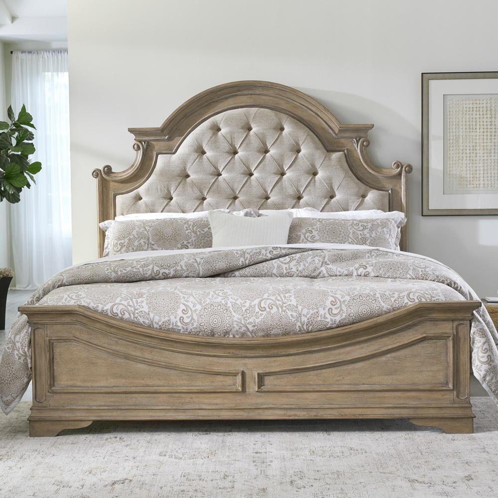 King Beige Tufted Upholstered Wood Bed with Drawer