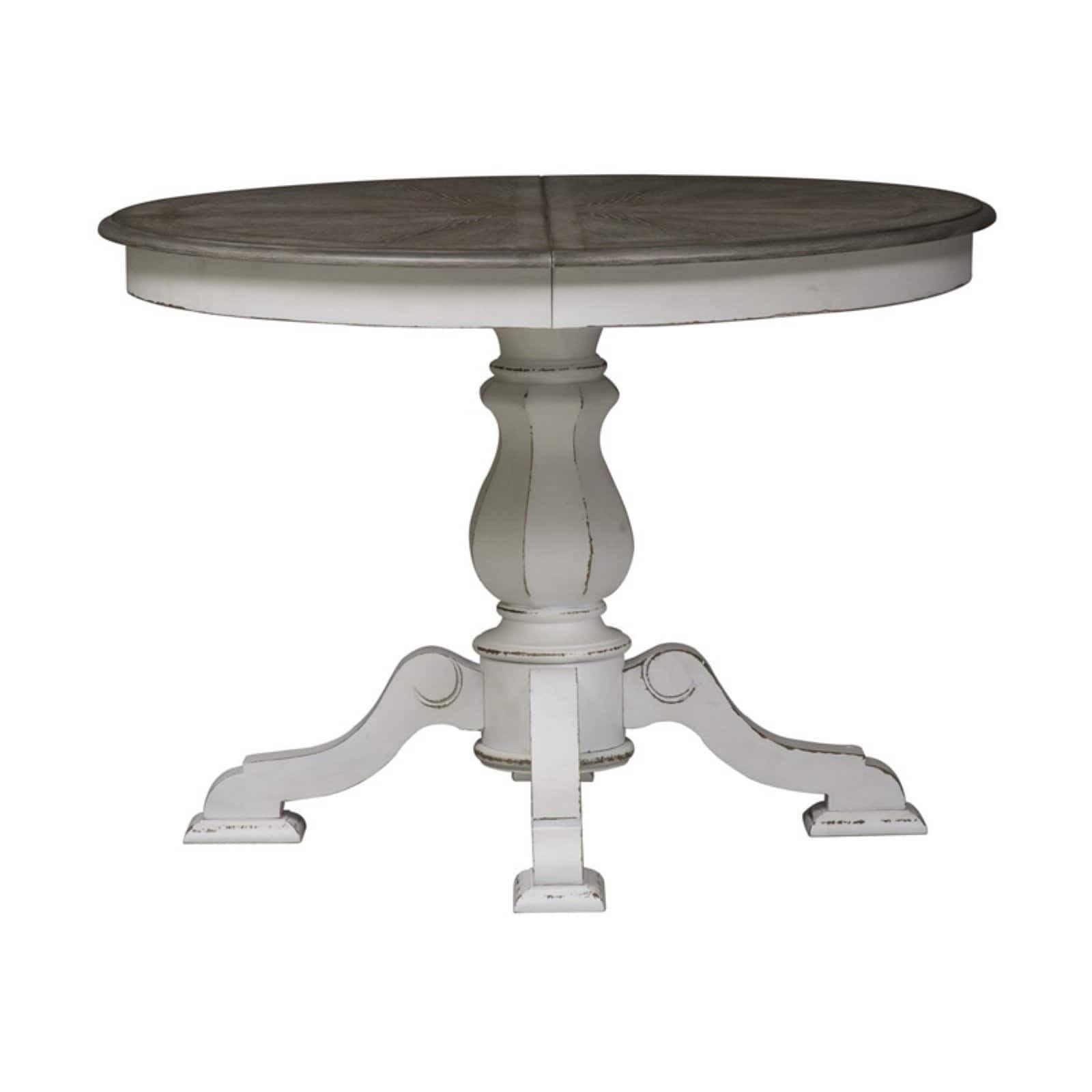 Antique White and Weathered Brown Round Extendable Dining Table