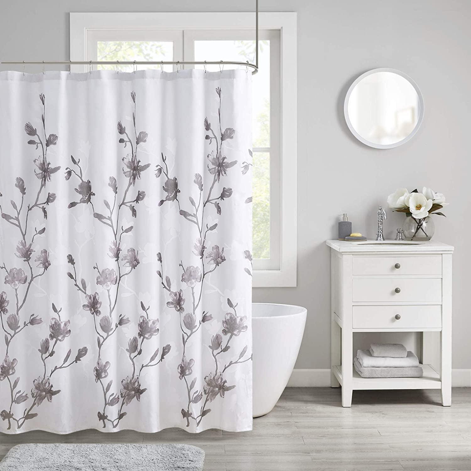 Magnolia Floral Print White and Purple Shower Curtain with Liner