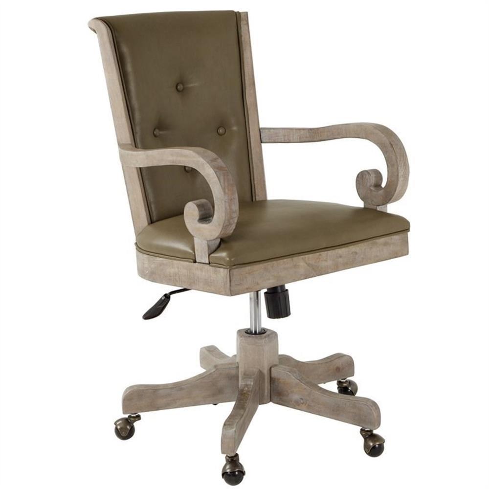 Gray Leather and Wood Swivel Executive Desk Chair