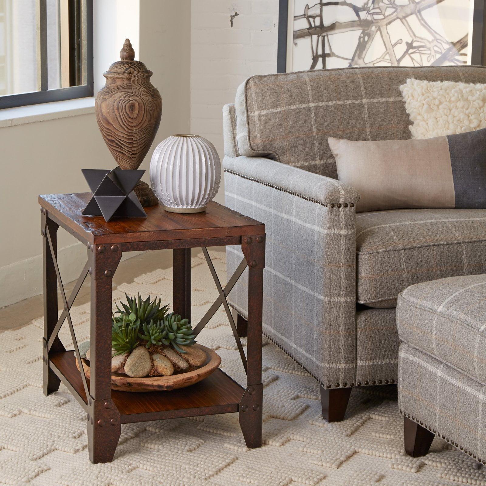 Pinebrook Distressed Pine and Metal Rectangular End Table