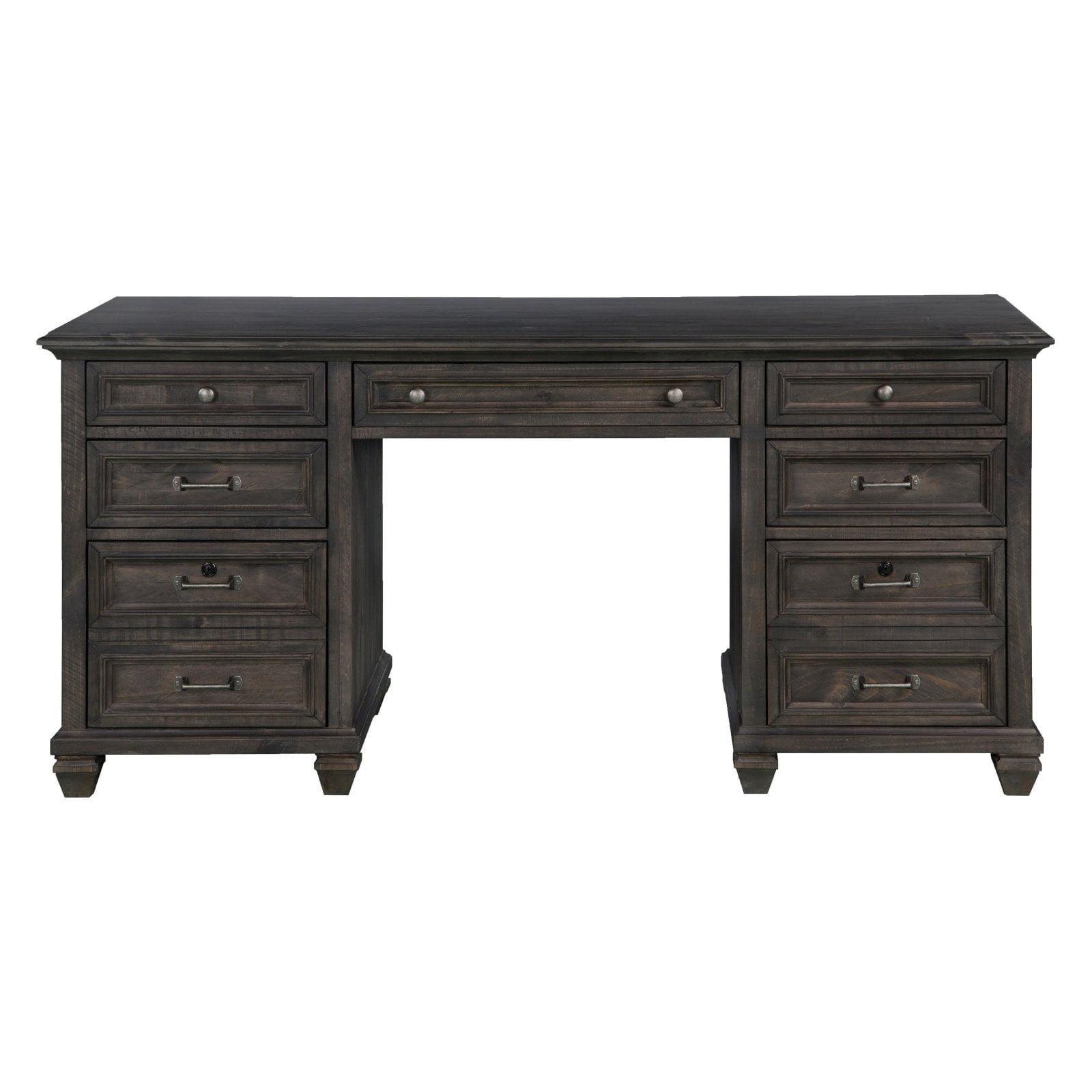 Transitional Weathered Charcoal Solid Wood Executive Desk with Power Outlet