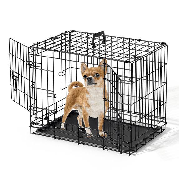 EDX Small Dog Crate with Divider Panel, 24" Double Door Folding Metal Wire Dog Cage with Plastic Leak-Proof Pan Tray