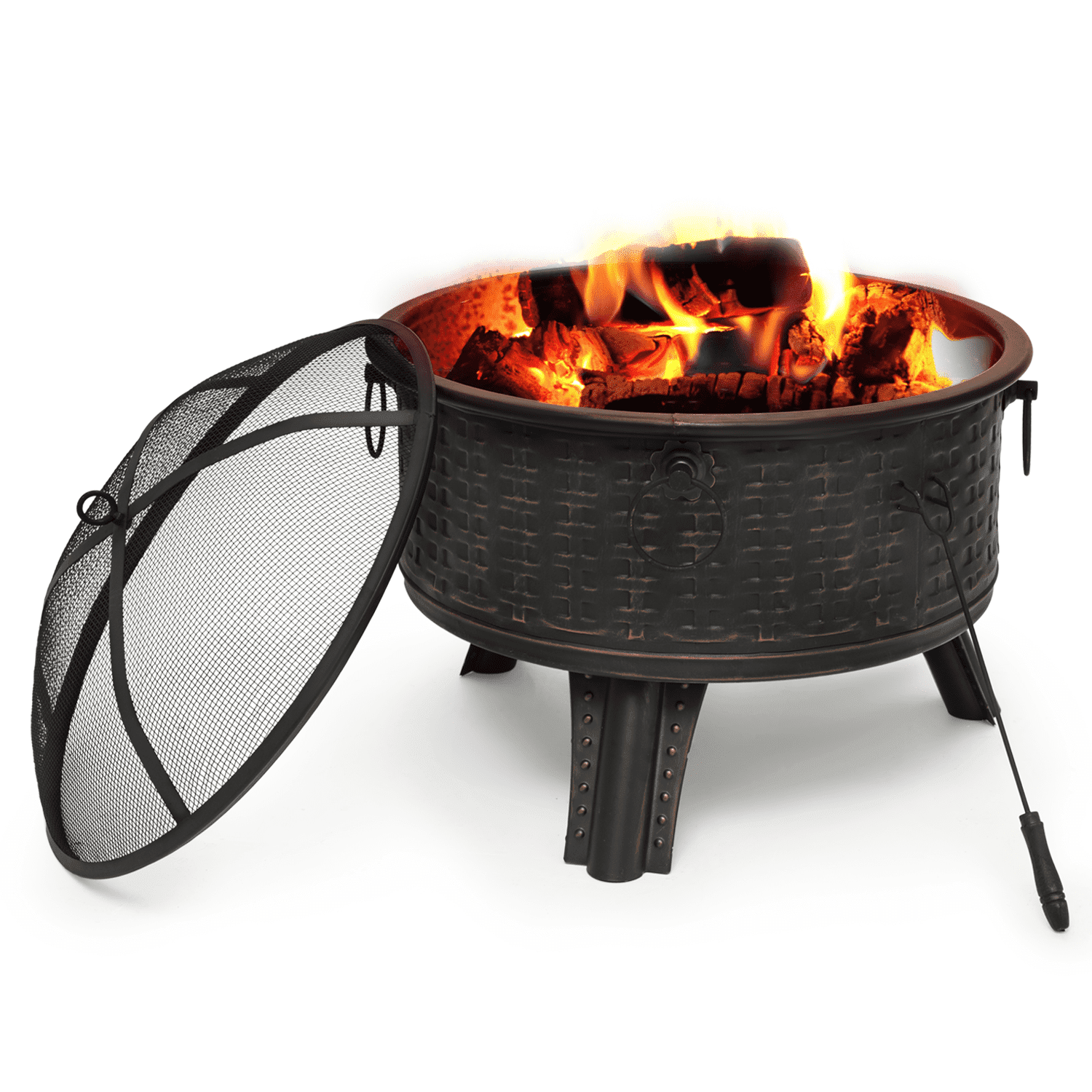 26" Iron Wood Burning Fire Pit, Portable Bonfire Pit With Spark Screen And Poker For Backyard