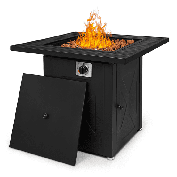Magshion 28 inch Fire Pit Table 50,000 BTU Propane Gas Fire Pit Table with Lava Rocks and Metal Lid for Outdoor Patio Backyard, Black