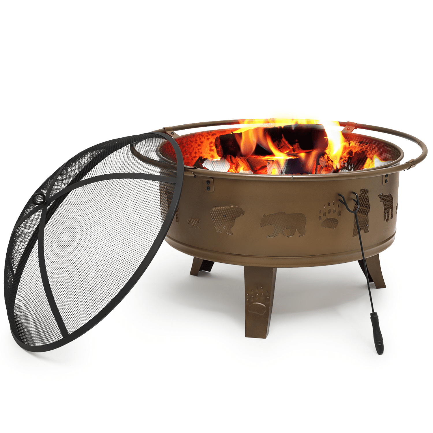 32" Iron Wood Burning Firepit, Outdoor Fire Pit With Poker & Spark Screen For Backyard Balcony