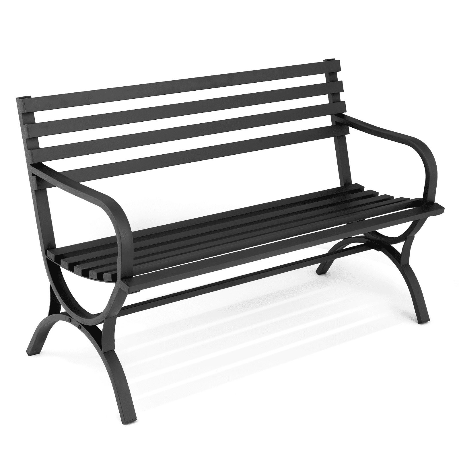 Patio Garden Bench 50 inch Outdoor Metal Loveseat Chairs with Armrests Slatted Seat and w/Floral Design Backrest for Park, Yard, Porch, Lawn, Balcony, Backyard, Black