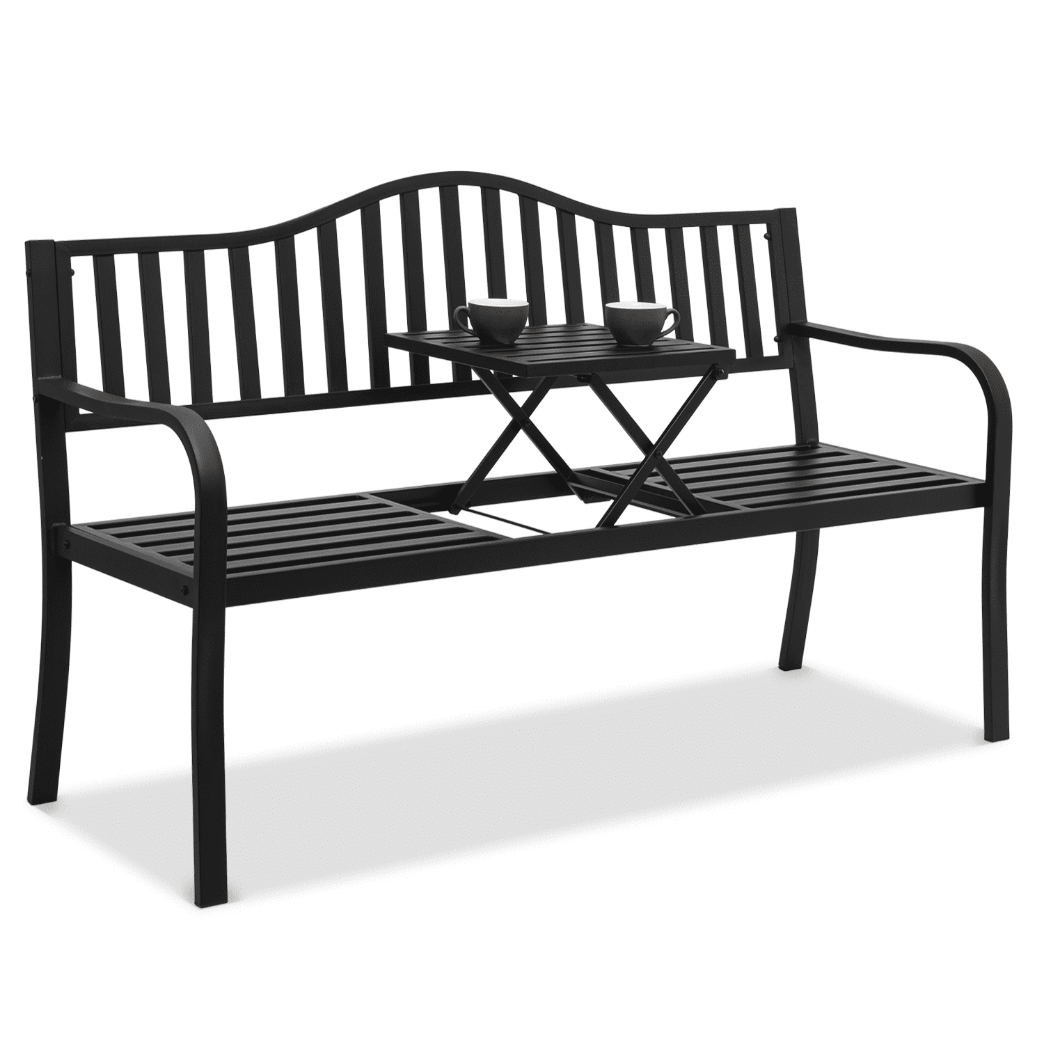 VINGLI 59" Patio Garden Bench Table Outdoor Metal Park Benches, Black Cast Iron Steel Frame Chair Porch Path Yard Lawn Decor Deck