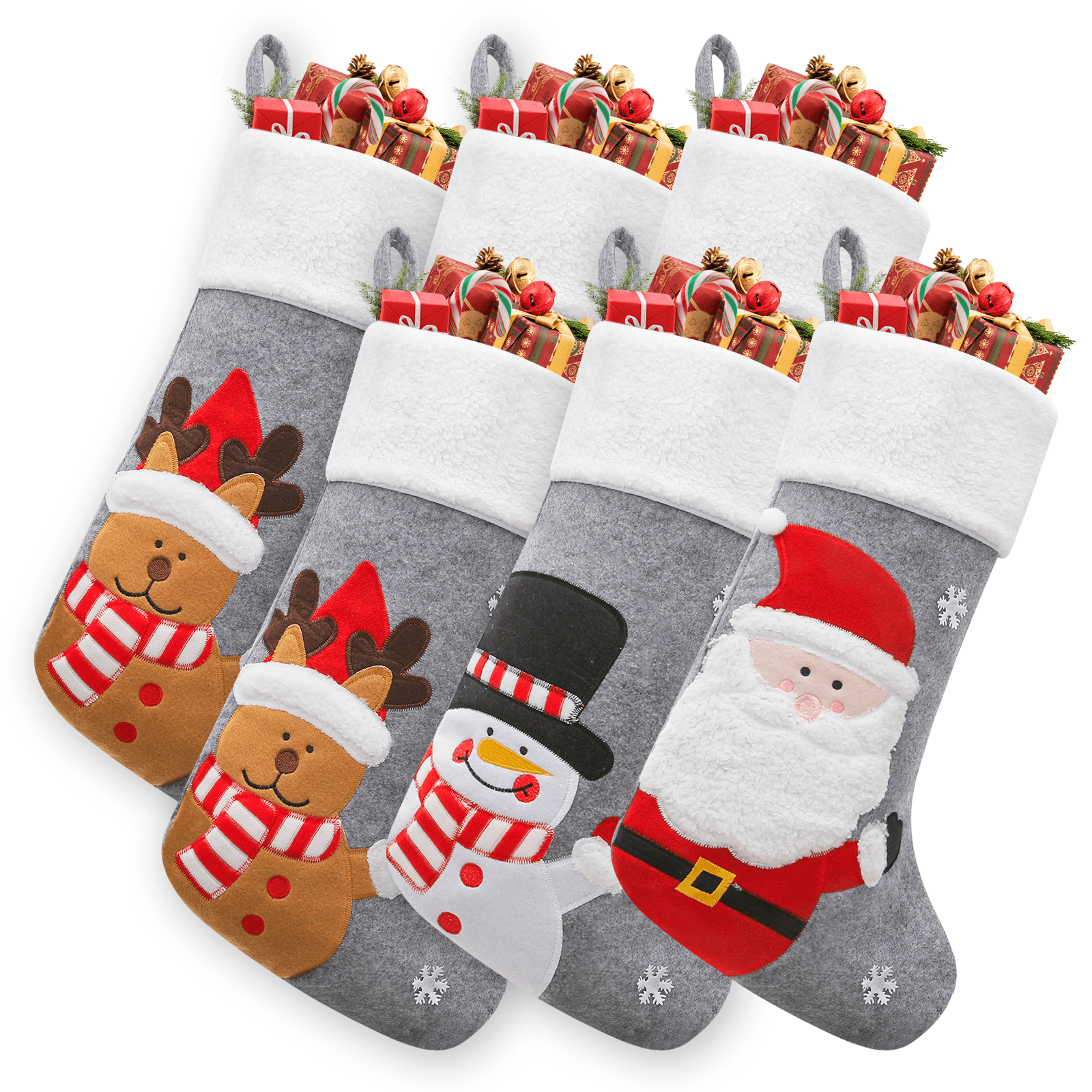 Gray and White Non-Woven Christmas Stockings with Embroidery, 15'' Set of 6