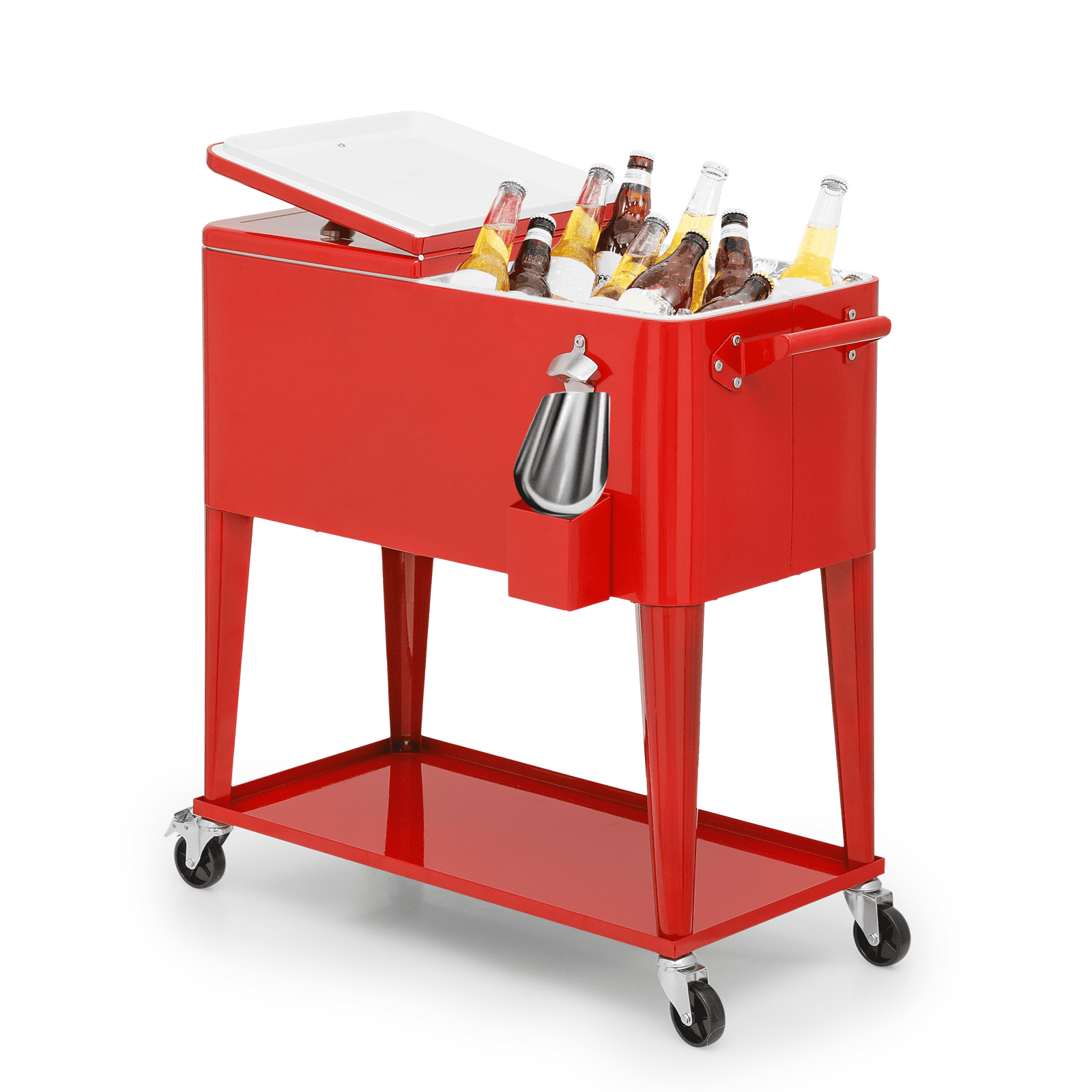 Bring Home Furniture Outdoor 80 Qt Rolling Cooler Cart, with Bottle Opener + Storage Shelf Camping Beverage Ice Chest