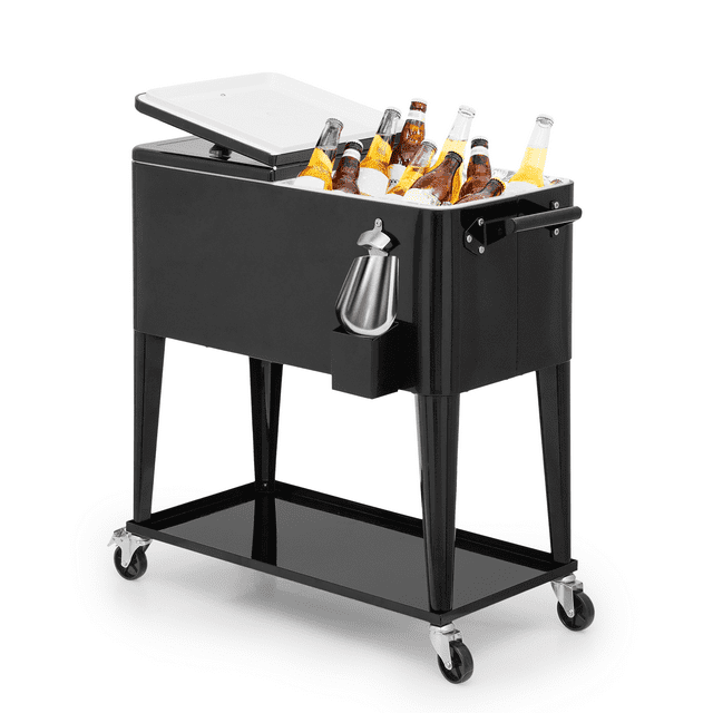 Bring Home Furniture Outdoor 80 Qt Rolling Cooler Cart, with Bottle Opener + Storage Shelf Camping Beverage Ice Chest