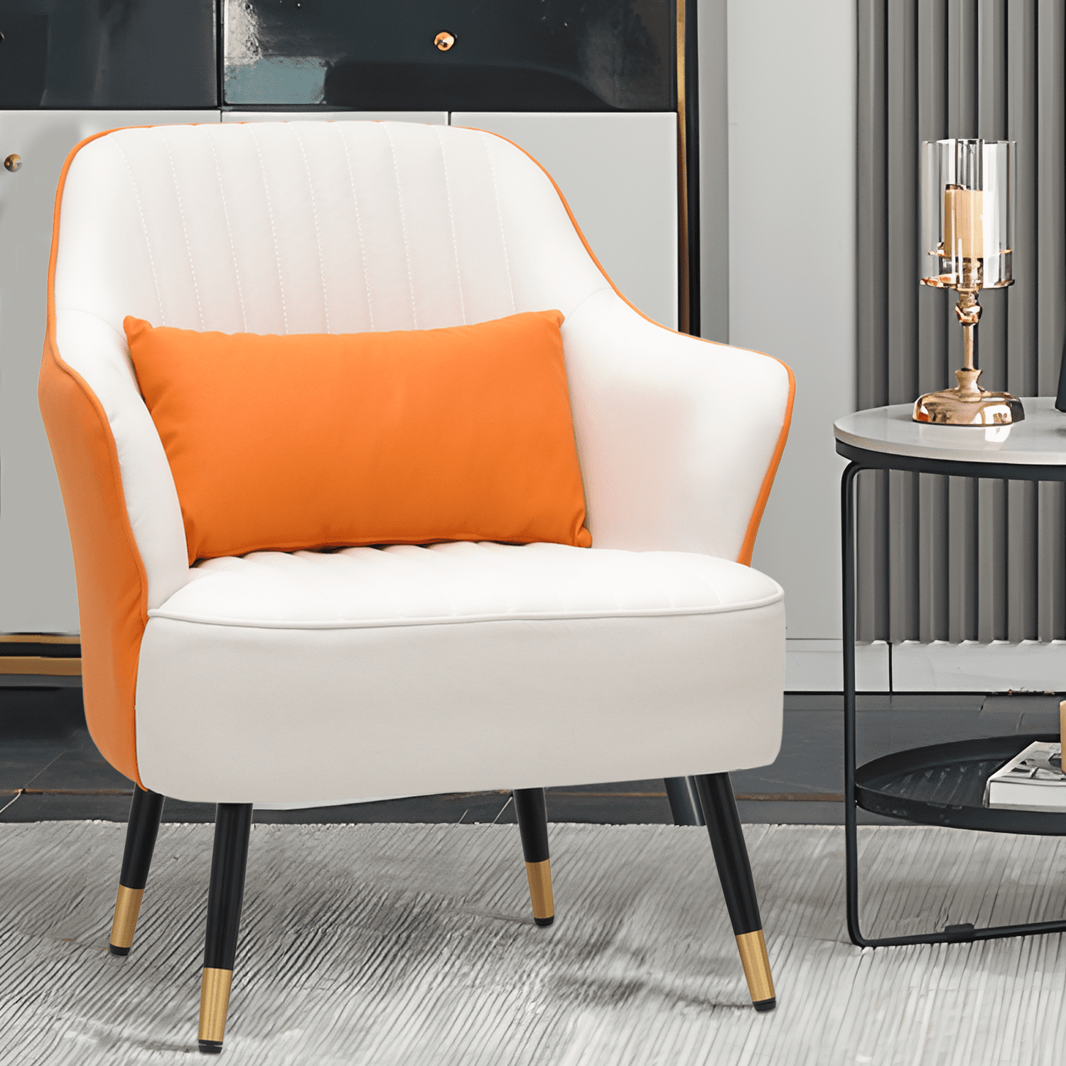 Orange and White Leathaire Upholstered Accent Chair with Wood Frame