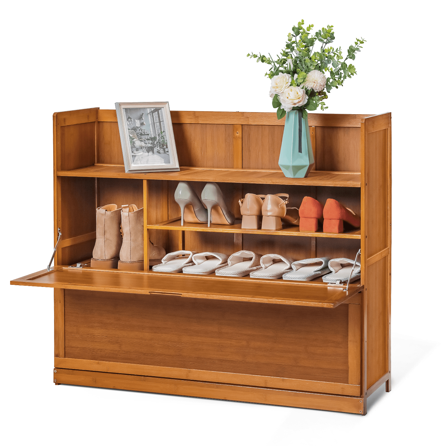 Brown Bamboo 5-Tier Shoe Rack with Pull-Down Doors