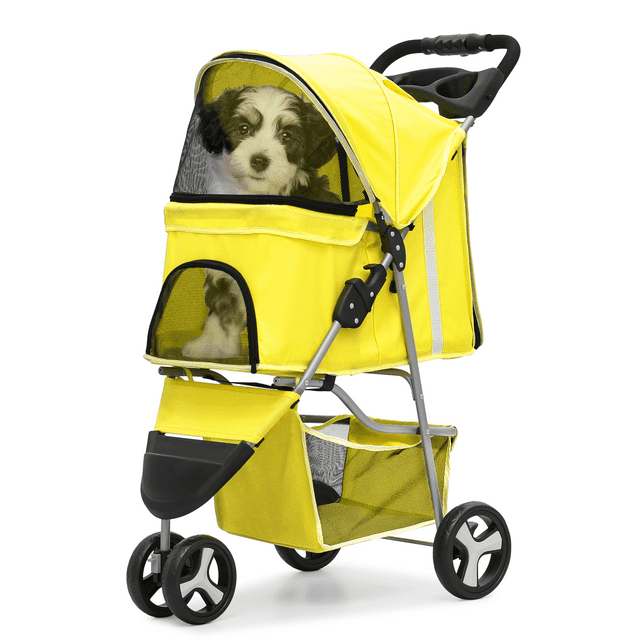 Zengpin 3-Wheel Pet Stroller, Foldable Travel Jogger for Small & Medium Dogs & Cats (Up to 33lbs), Lightweight Carrier with Breathable Mesh Cover, Cup Holder & Storage Basket, Yellow